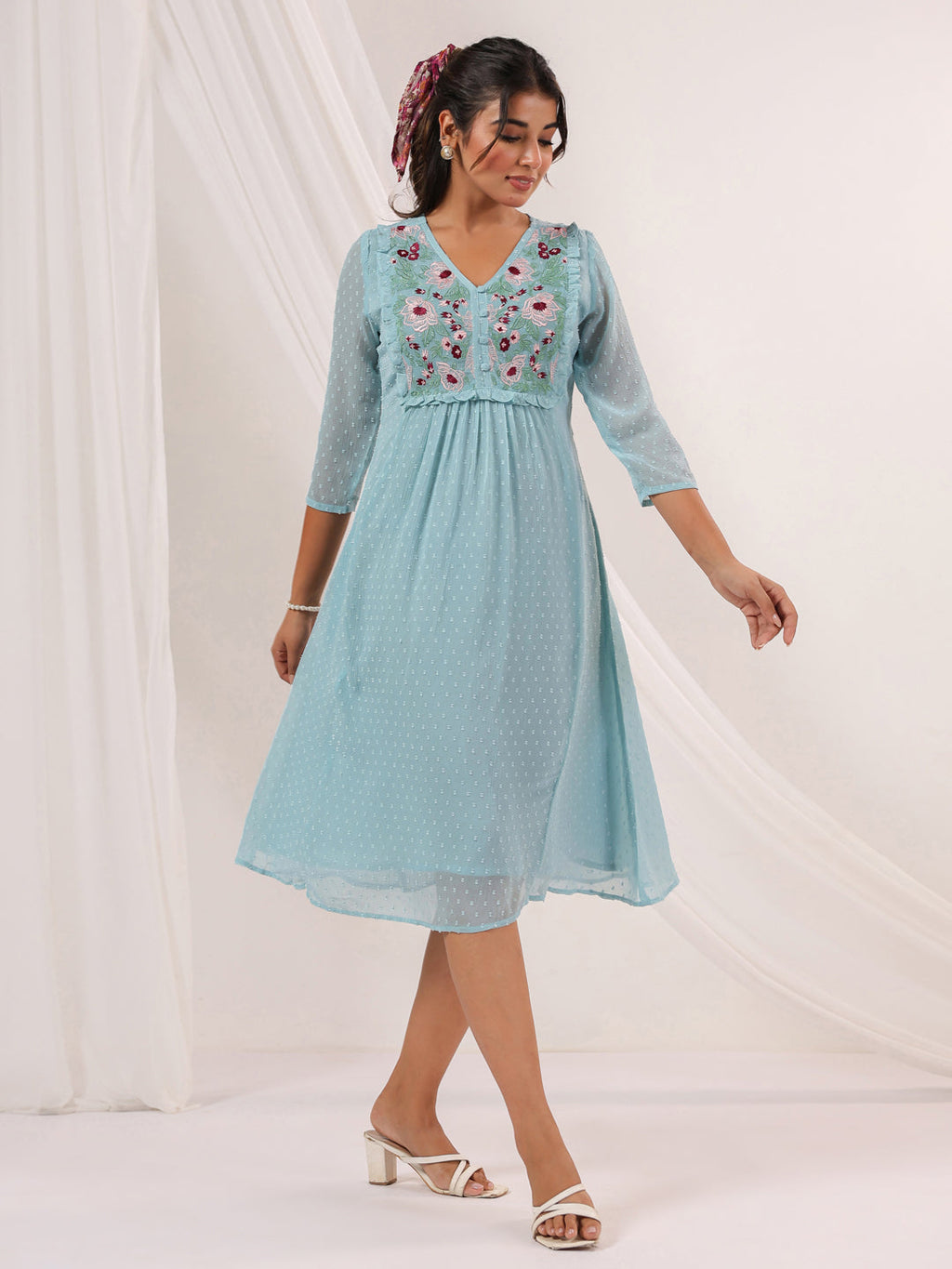 Niva's Women's Light Blue Dobby Chiffon Embroidered A-line Dress