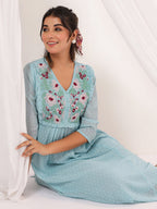 Niva's Women's Light Blue Dobby Chiffon Embroidered A-line Dress