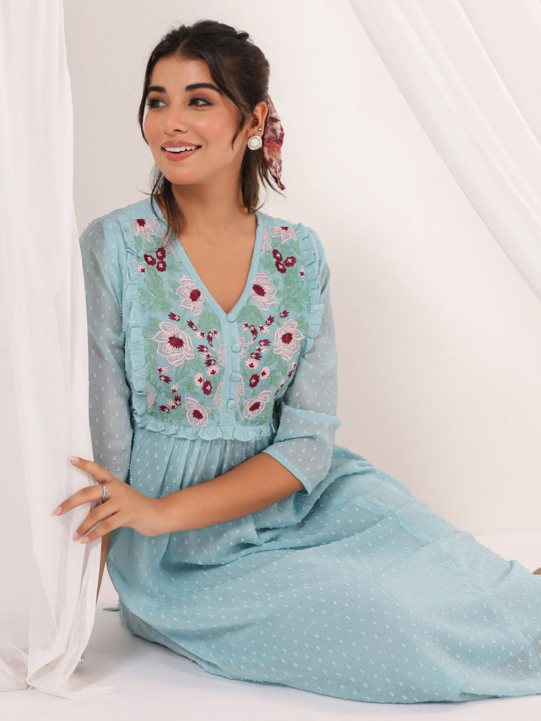 Niva's Women's Light Blue Dobby Chiffon Embroidered A-line Dress
