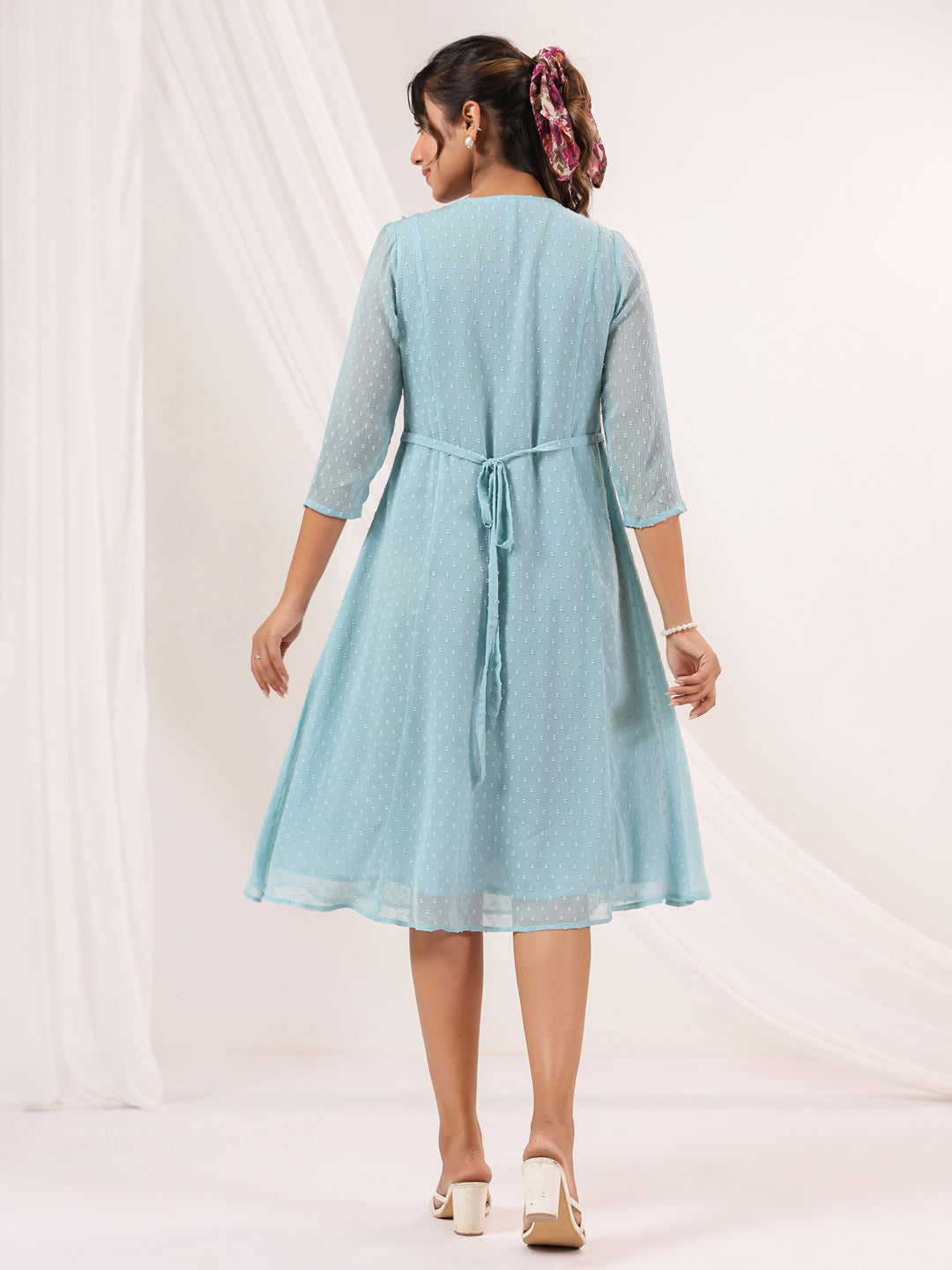 Niva's Women's Light Blue Dobby Chiffon Embroidered A-line Dress