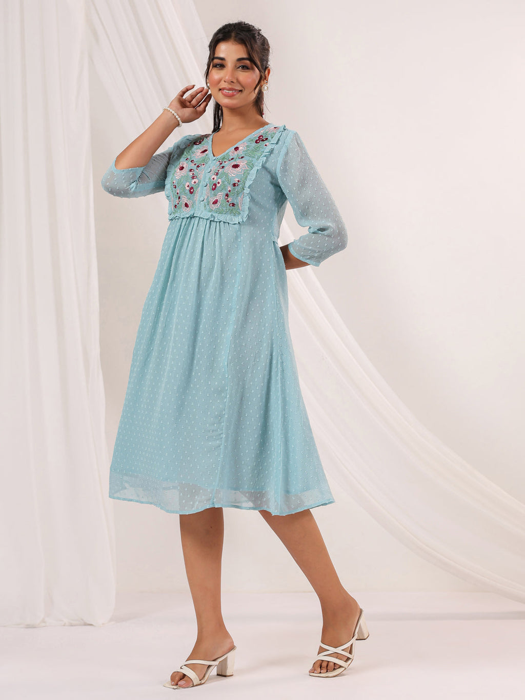 Niva's Women's Light Blue Dobby Chiffon Embroidered A-line Dress