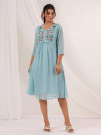 Niva's Women's Light Blue Dobby Chiffon Embroidered A-line Dress