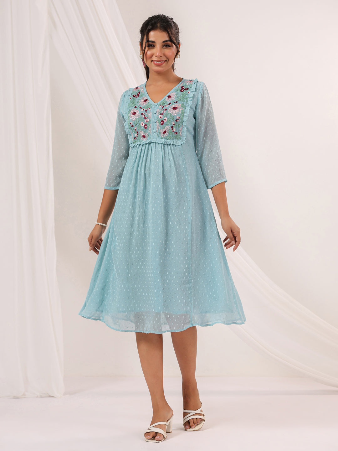 Niva's Women's Light Blue Dobby Chiffon Embroidered A-line Dress