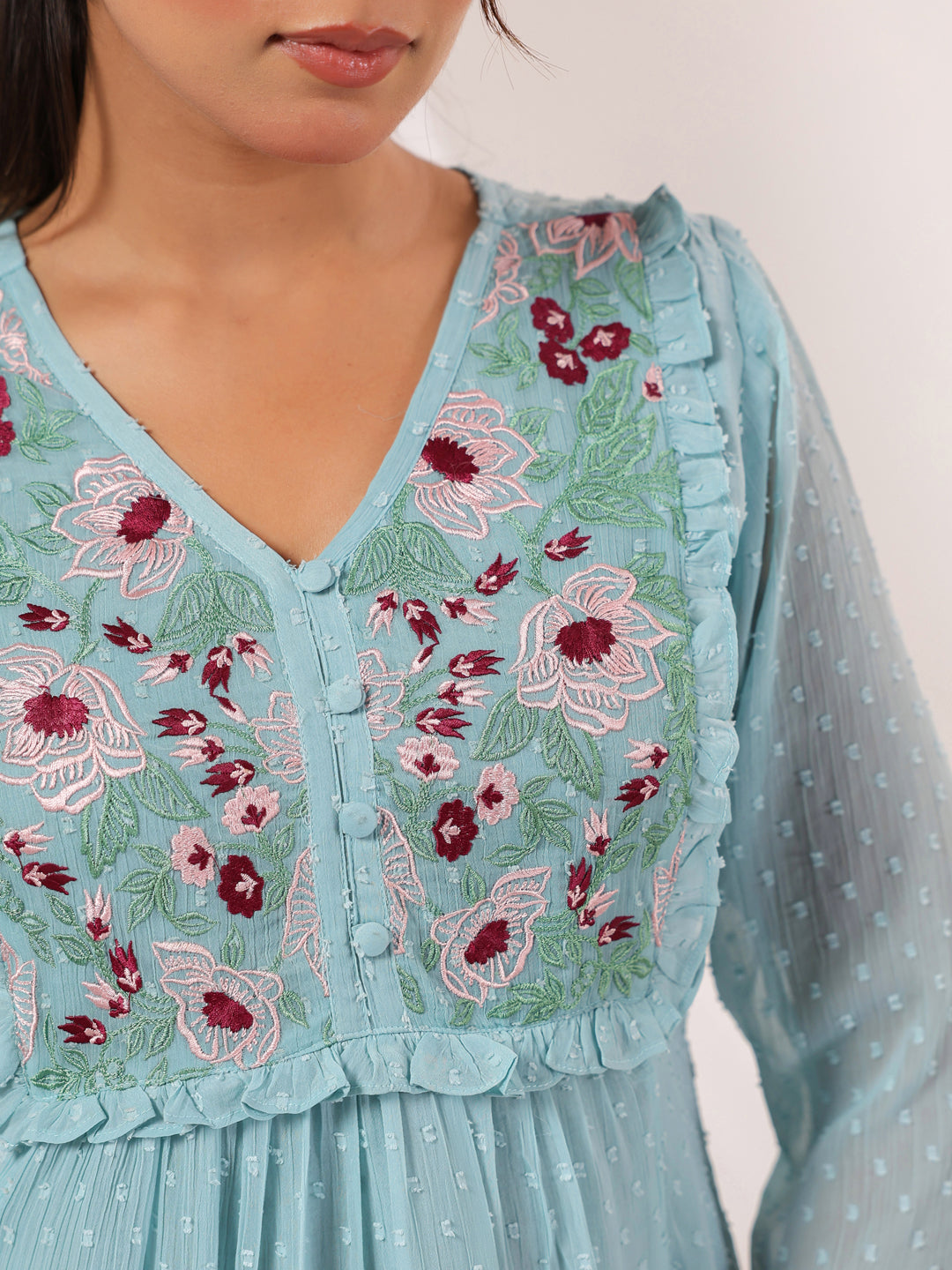 Niva's Women's Light Blue Dobby Chiffon Embroidered A-line Dress