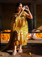Niva's Women's Mustard Pure Cotton Ikat Printed A-line Kurta Set