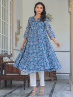 Niva's Women's Blue Chiffon Lurex Floral Printed A-line Kurta