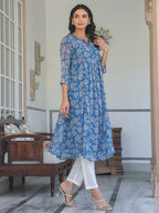 Niva's Women's Blue Chiffon Lurex Floral Printed A-line Kurta