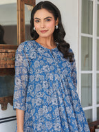 Niva's Women's Blue Chiffon Lurex Floral Printed A-line Kurta