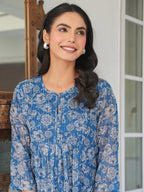Niva's Women's Blue Chiffon Lurex Floral Printed A-line Kurta
