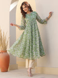 Niva's Women's Green Chiffon Lurex Floral Printed A-line Kurta