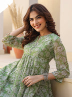 Niva's Women's Green Chiffon Lurex Floral Printed A-line Kurta