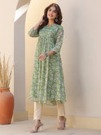 Niva's Women's Green Chiffon Lurex Floral Printed A-line Kurta