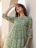 Niva's Women's Green Chiffon Lurex Floral Printed A-line Kurta