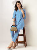 Niva's Women's Light Blue Cotton Solid A-line Co-ord Set