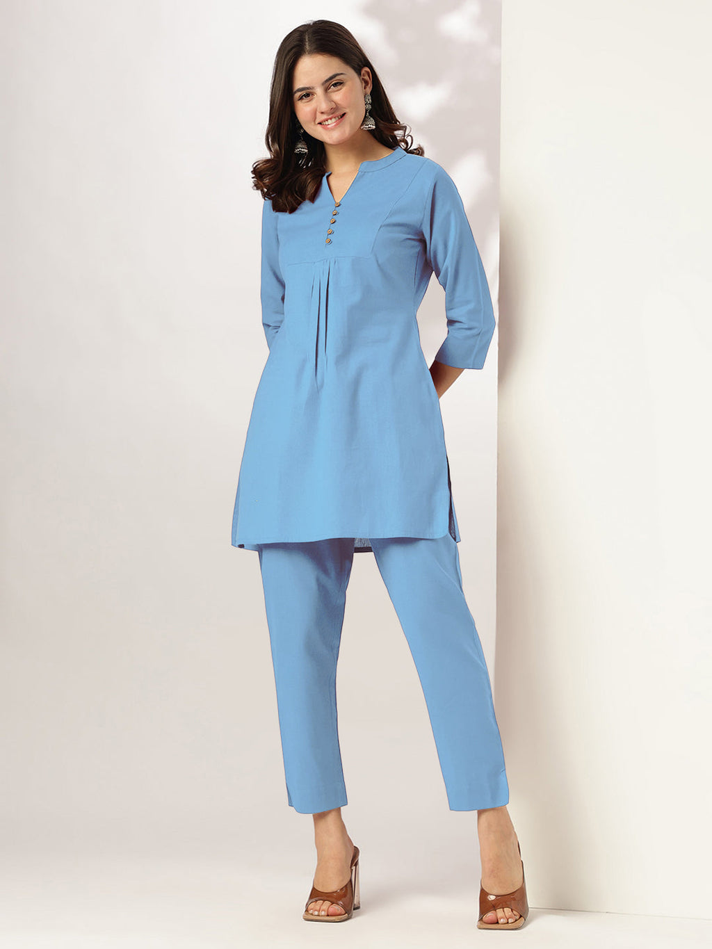 Niva's Women's Light Blue Cotton Solid A-line Co-ord Set