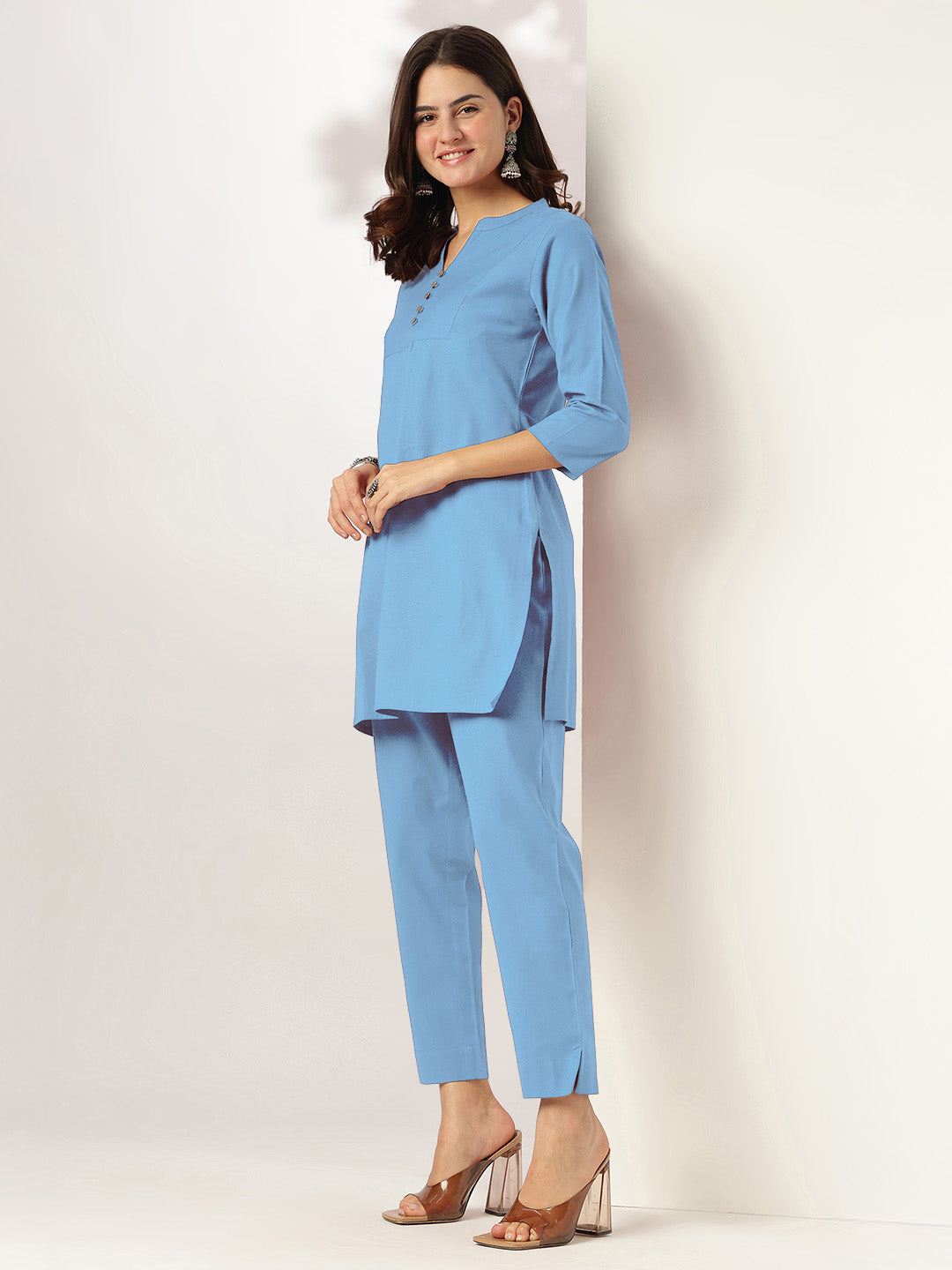 Niva's Women's Light Blue Cotton Solid A-line Co-ord Set
