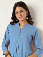 Niva's Women's Light Blue Cotton Solid A-line Co-ord Set