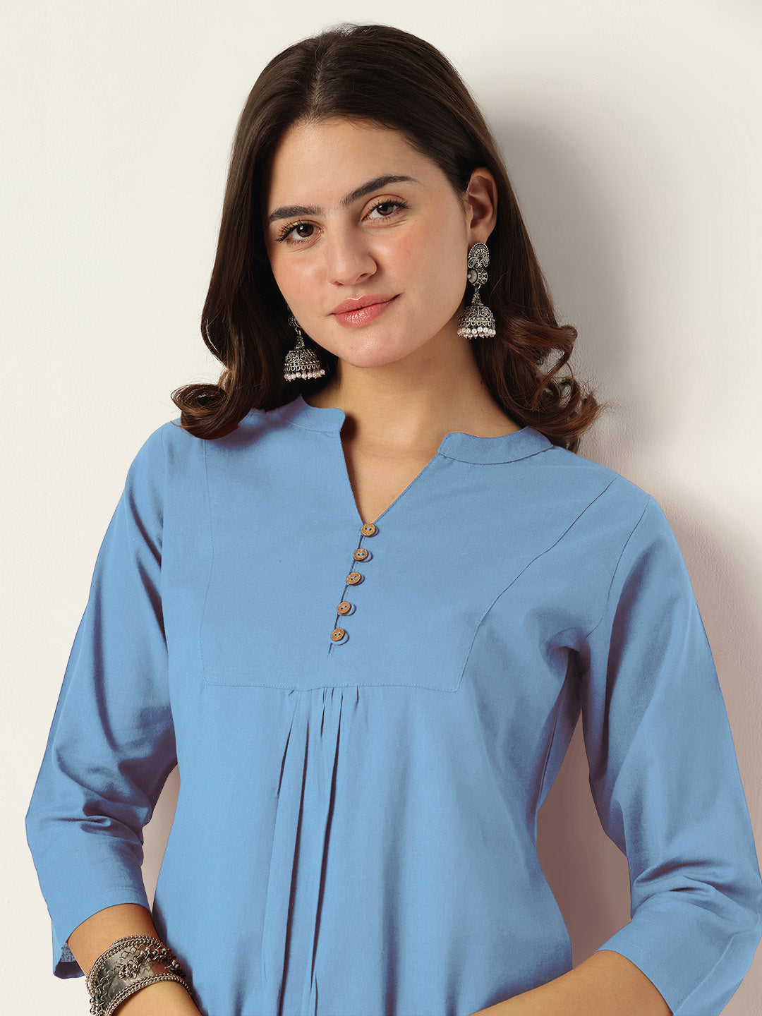 Niva's Women's Light Blue Cotton Solid A-line Co-ord Set