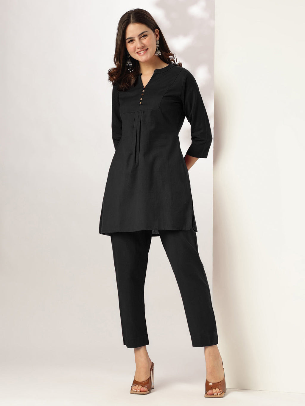 Niva's Women's Black Cotton Solid A-line Co-ord Set