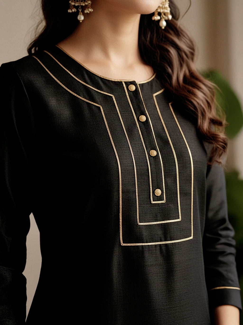 Niva's Women's Black Color Crepe Silk Solid Straight Kurta Pant Set