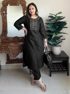 Niva's Women's Black Color Crepe Silk Solid Straight Kurta Pant Set