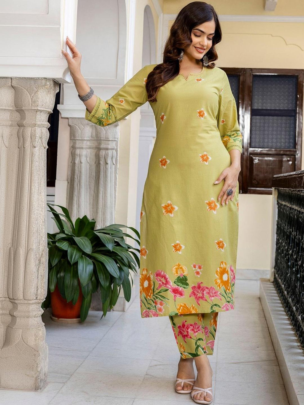 Green Printed Pure Cotton Straight Kurta Trouser Set