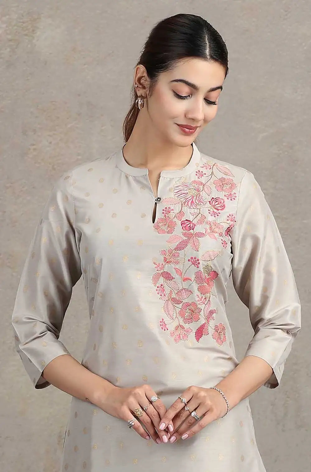 Light Gray Floral Embroidered Straight Co-ord Set