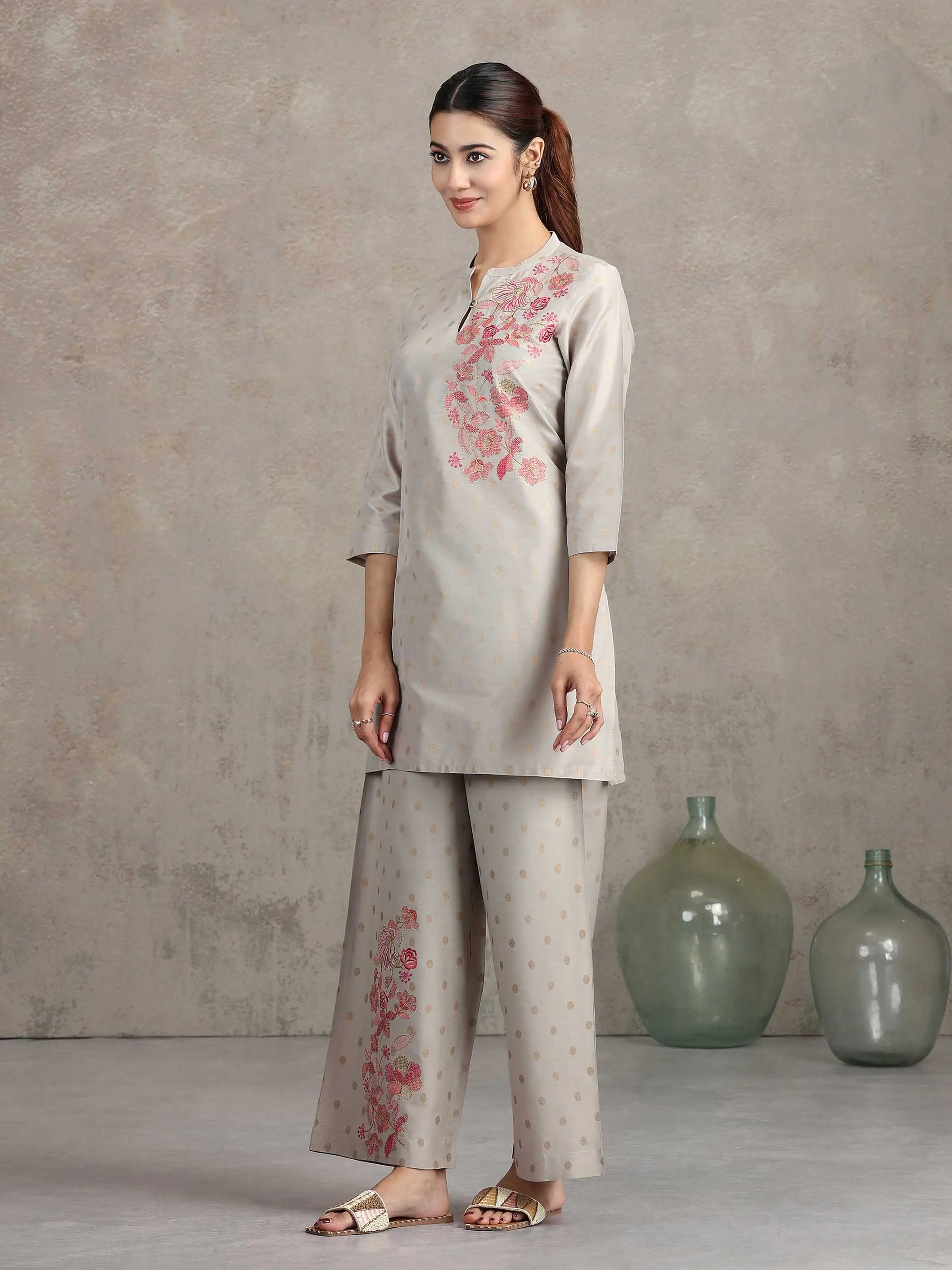 Light Gray Floral Embroidered Straight Co-ord Set