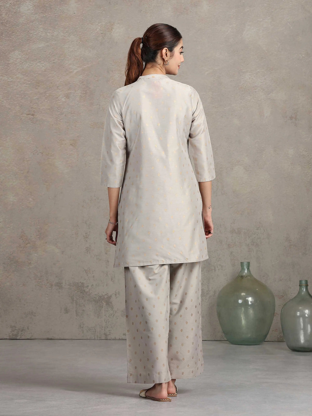 Light Gray Floral Embroidered Straight Co-ord Set