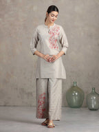 Light Gray Floral Embroidered Straight Co-ord Set