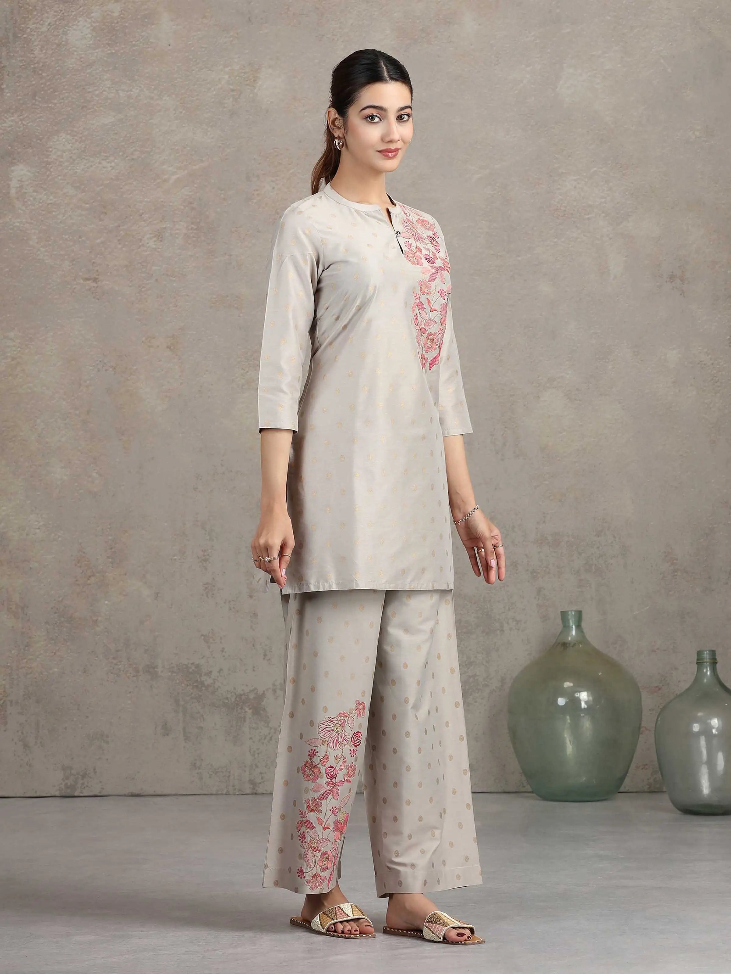 Light Gray Floral Embroidered Straight Co-ord Set