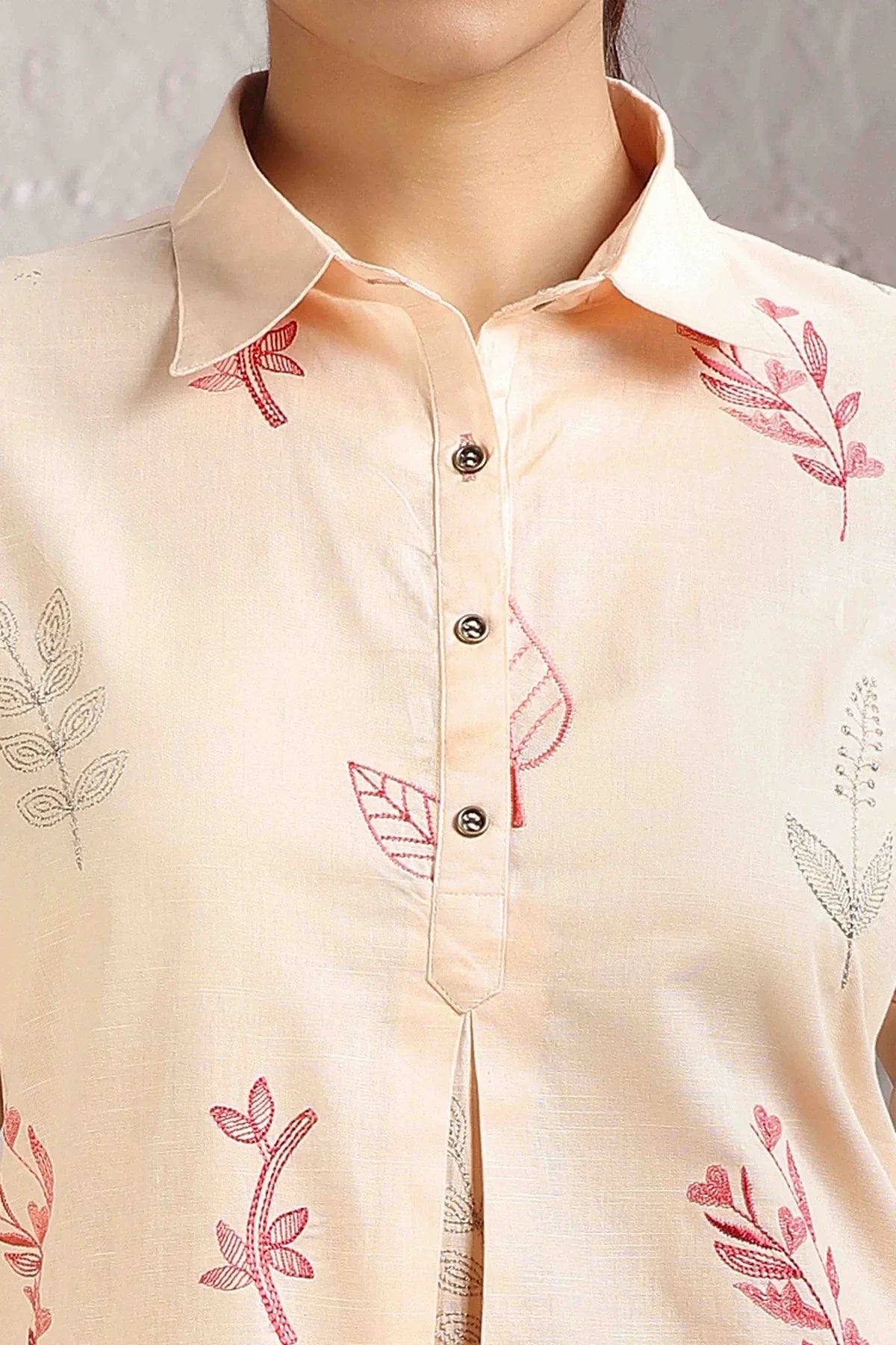 Light Peach Slub Cotton Embroidered Straight Kurta and Pant Set