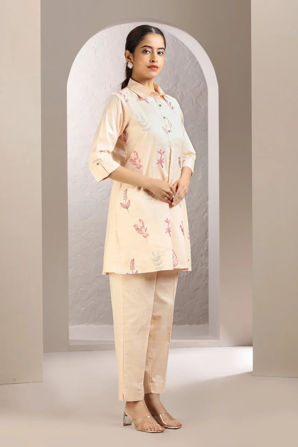 Light Peach Slub Cotton Embroidered Straight Kurta and Pant Set