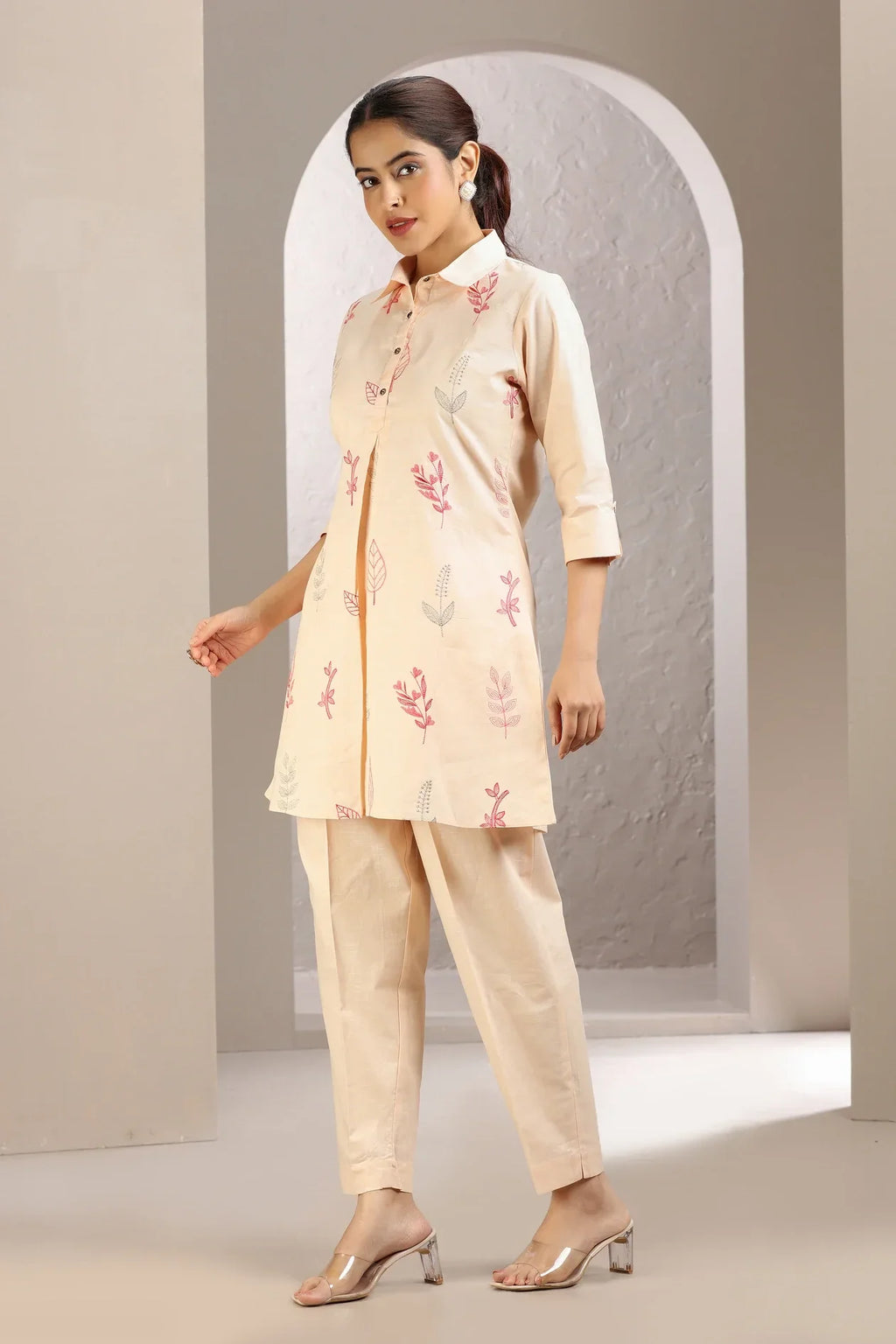 Light Peach Slub Cotton Embroidered Straight Kurta and Pant Set