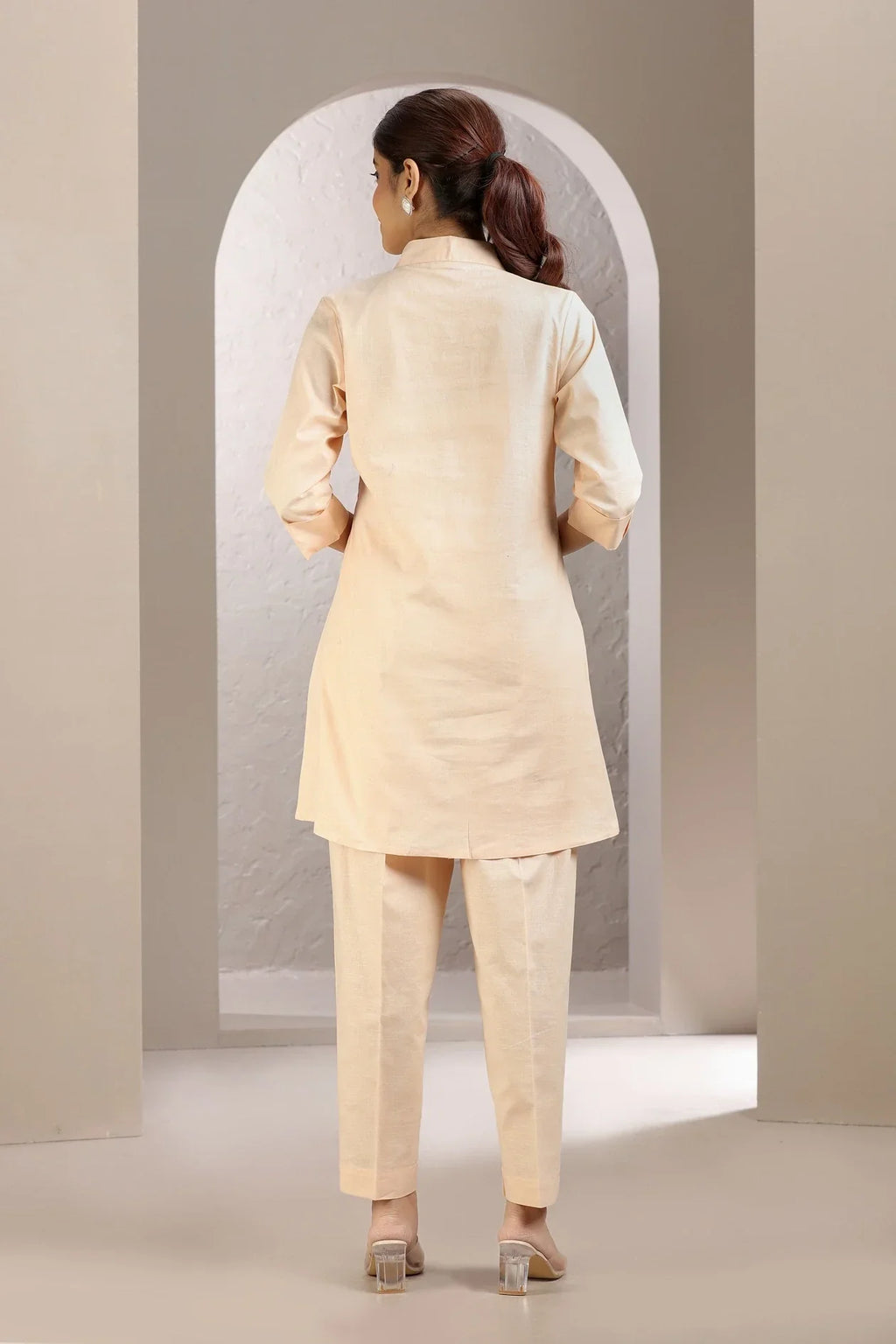 Light Peach Slub Cotton Embroidered Straight Kurta and Pant Set