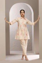 Light Peach Slub Cotton Embroidered Straight Kurta and Pant Set