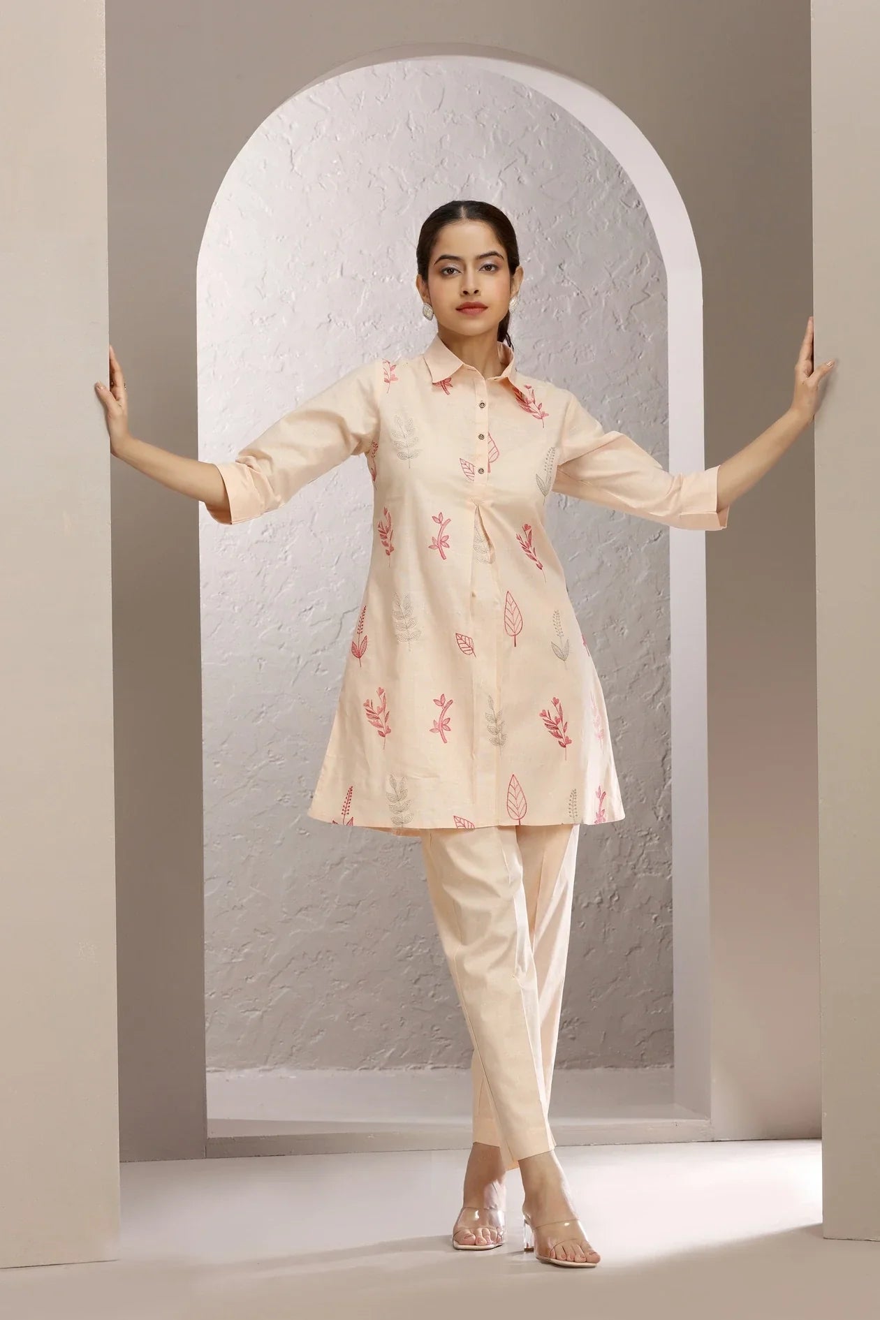 Light Peach Slub Cotton Embroidered Straight Kurta and Pant Set