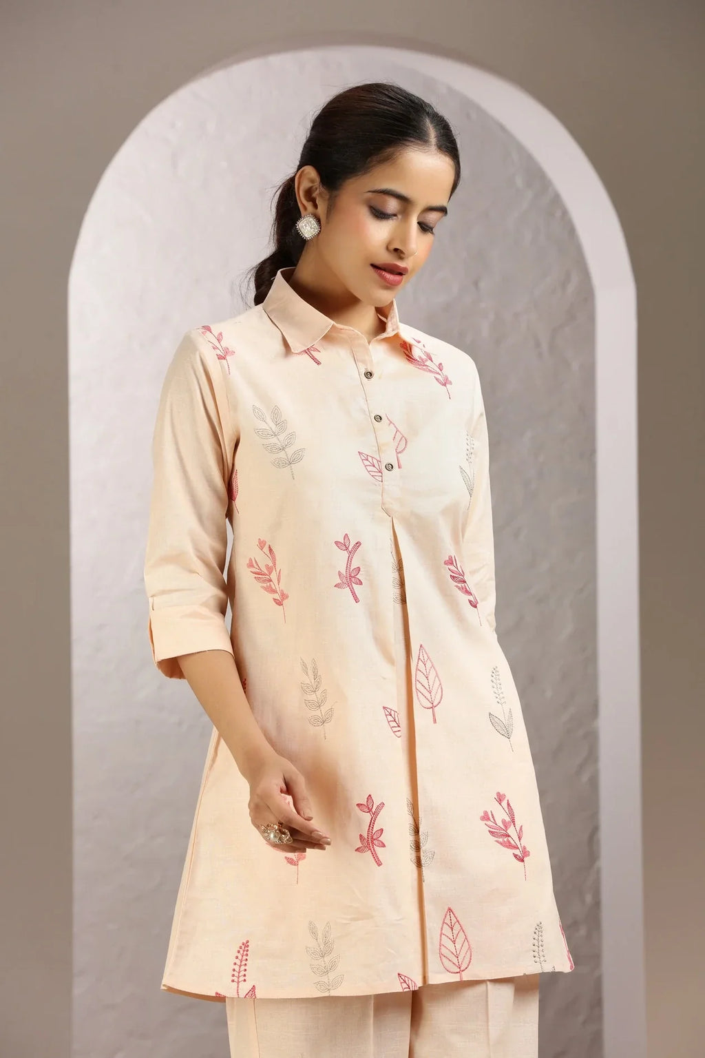 Light Peach Slub Cotton Embroidered Straight Kurta and Pant Set