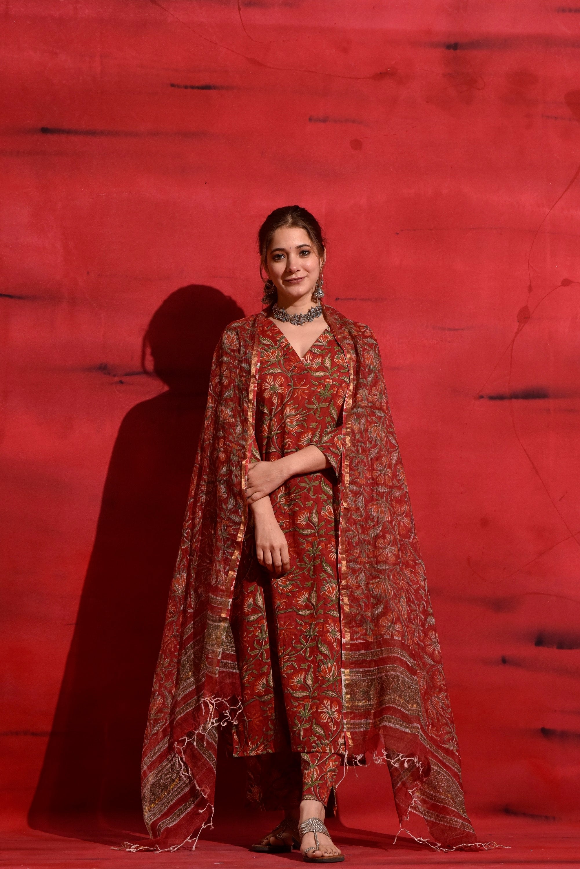 Red Kalamkari Suit Set