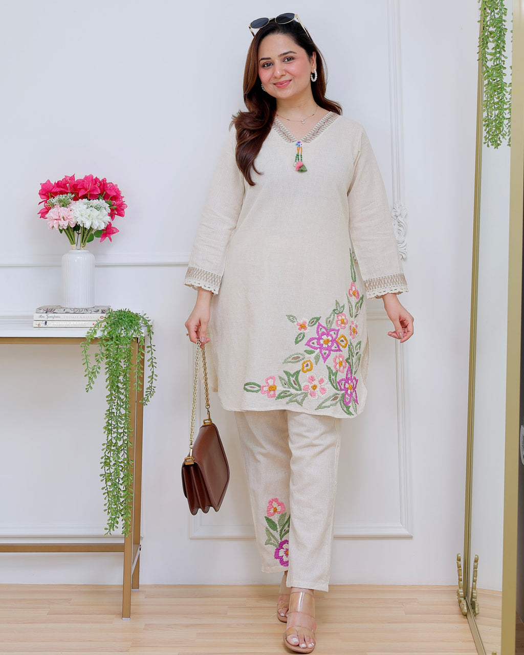 Ivory Rosé Garden Threadwork Cotton Co-ord