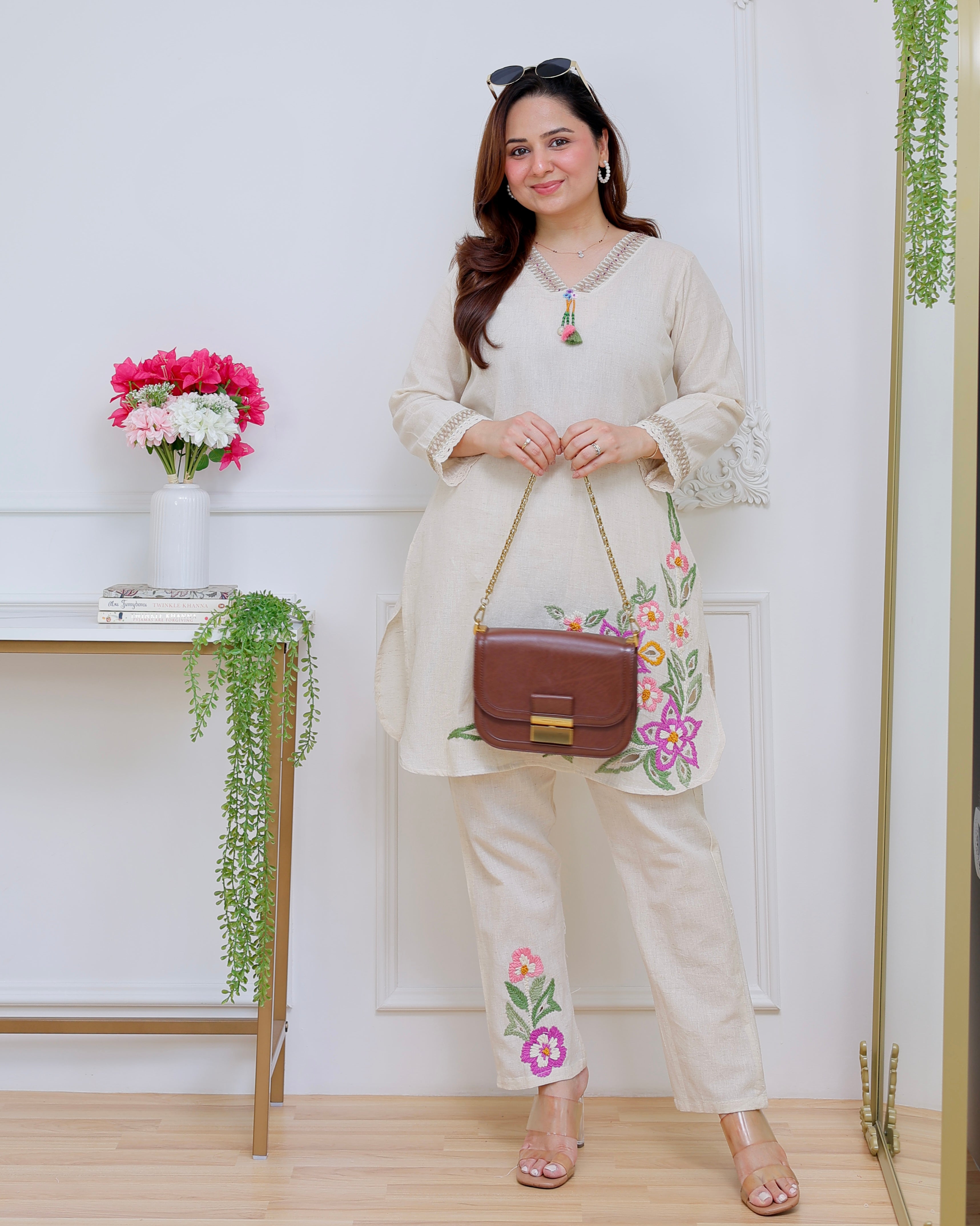 Ivory Rosé Garden Threadwork Cotton Co-ord
