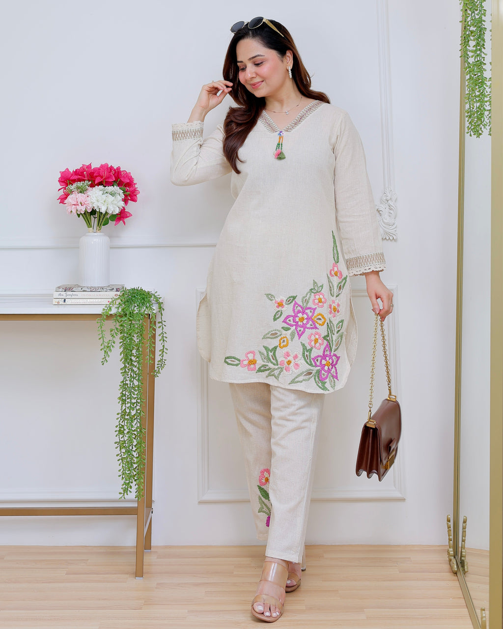 Ivory Rosé Garden Threadwork Cotton Co-ord
