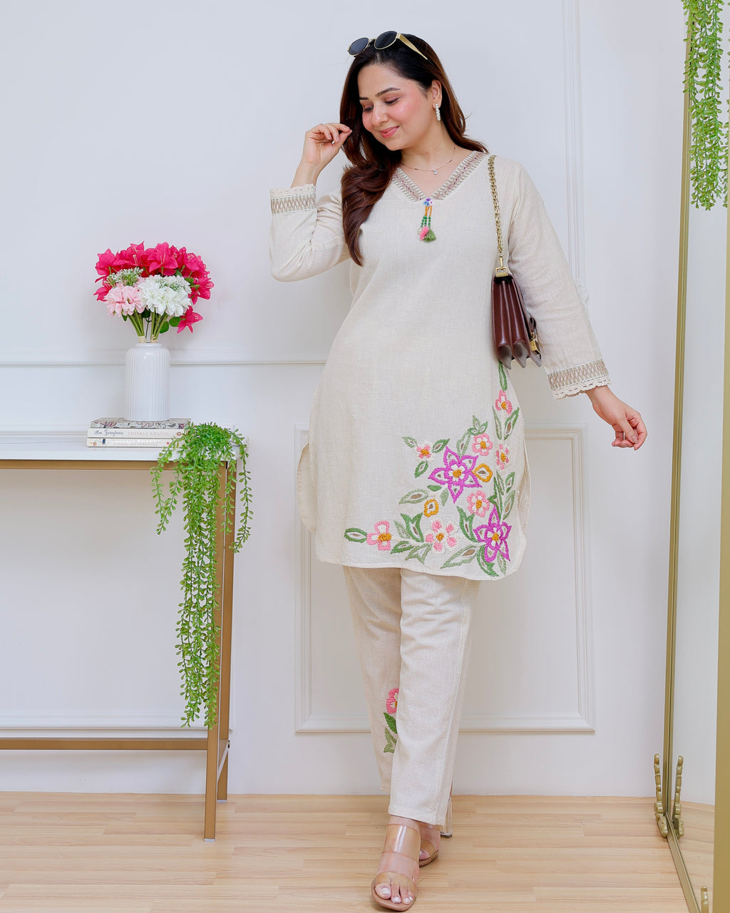 Ivory Rosé Garden Threadwork Cotton Co-ord