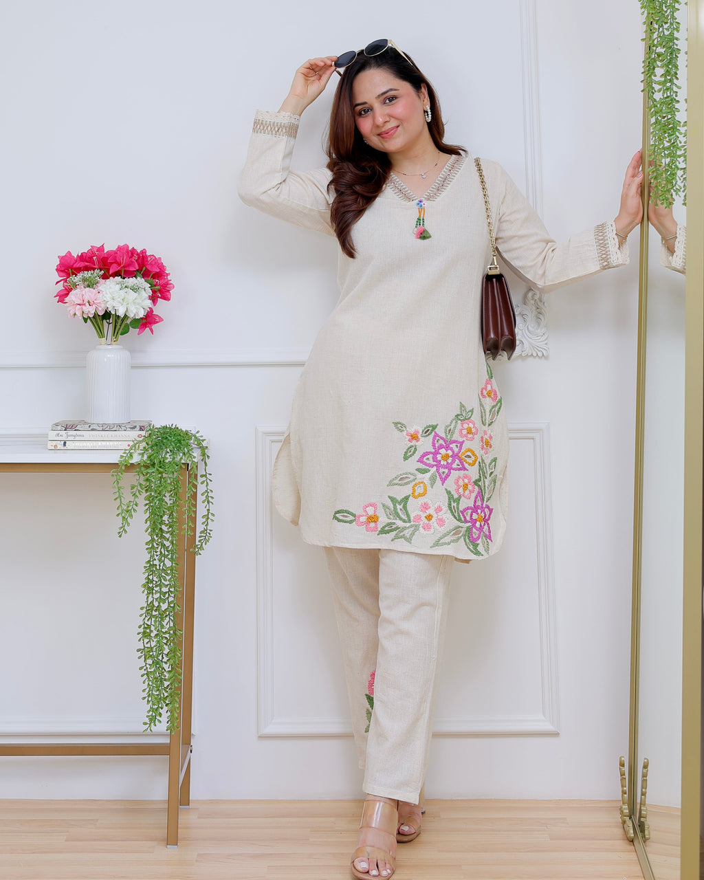 Ivory Rosé Garden Threadwork Cotton Co-ord