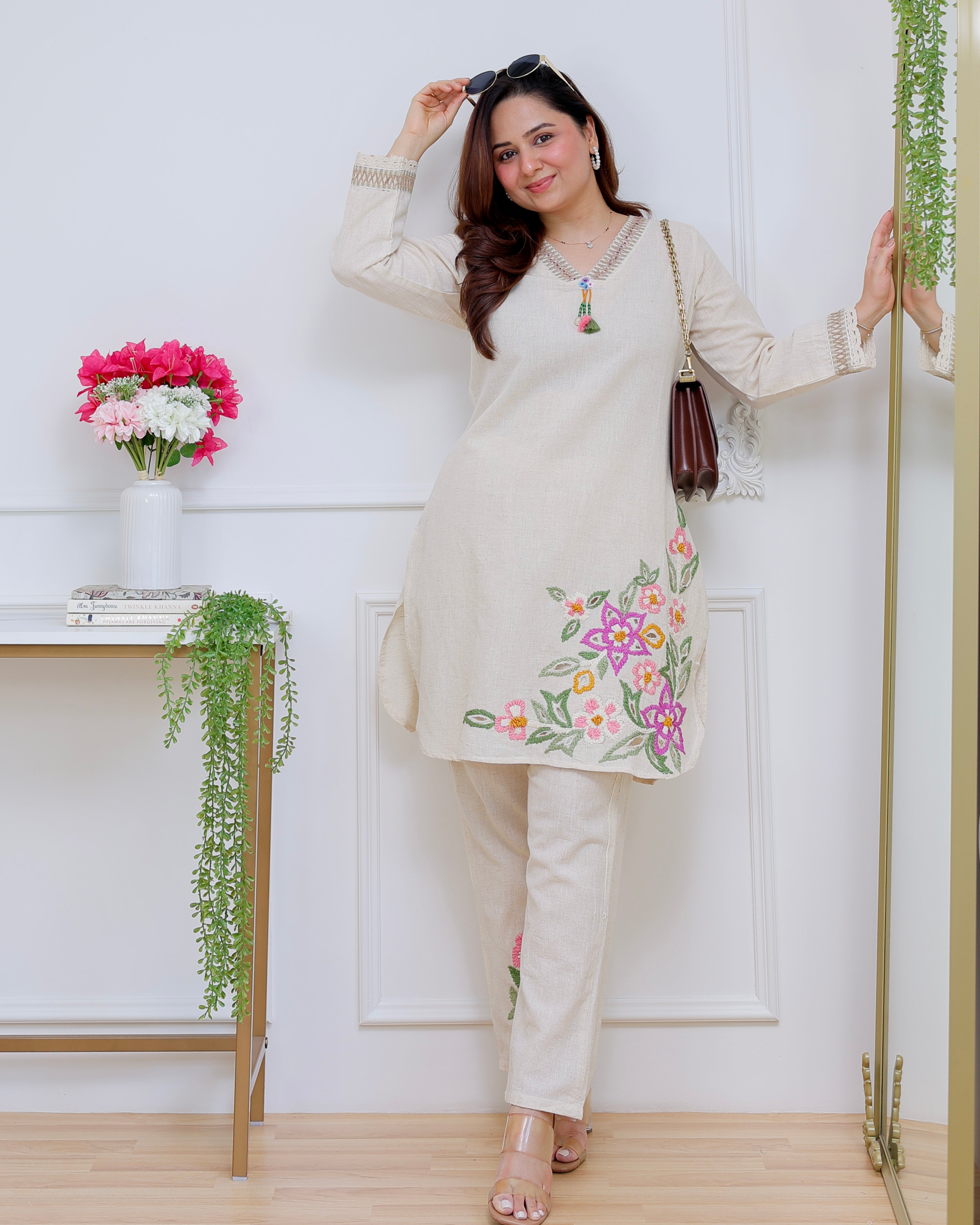 Ivory Rosé Garden Threadwork Cotton Co-ord