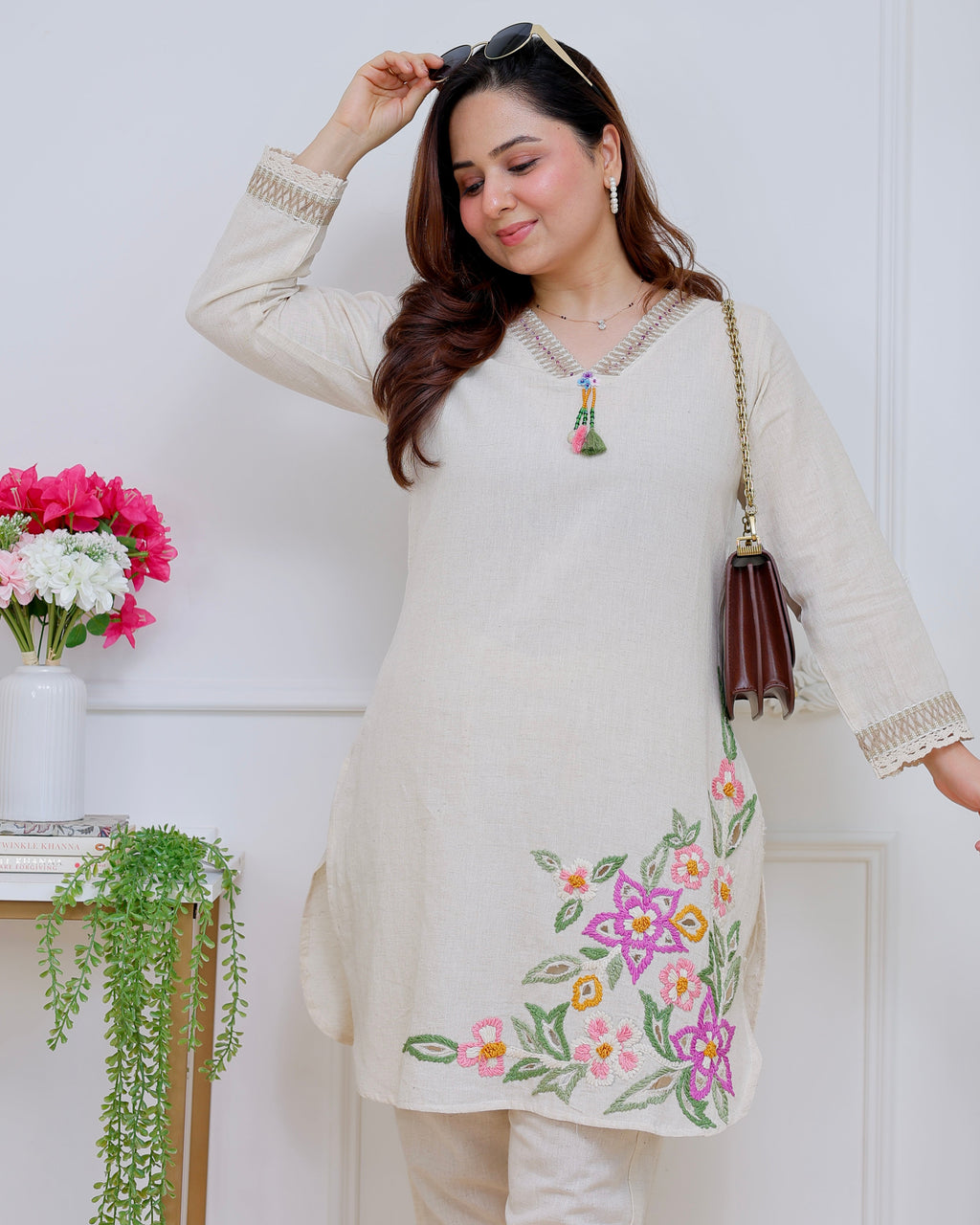 Ivory Rosé Garden Threadwork Cotton Co-ord