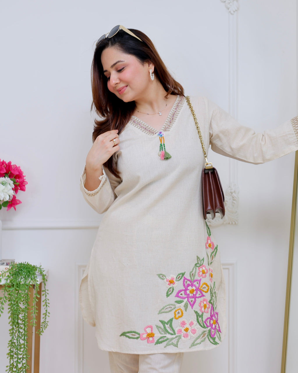 Ivory Rosé Garden Threadwork Cotton Co-ord