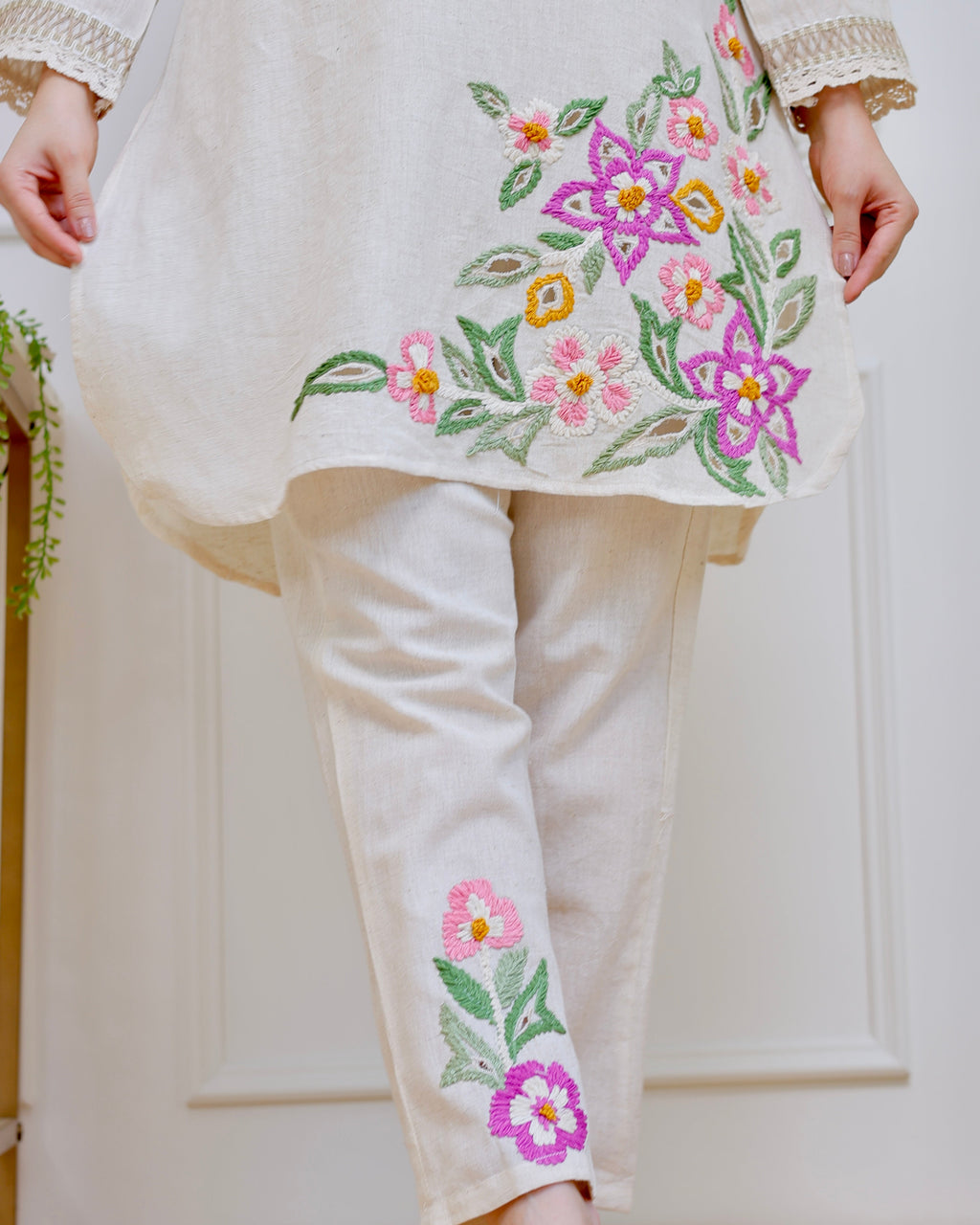 Ivory Rosé Garden Threadwork Cotton Co-ord