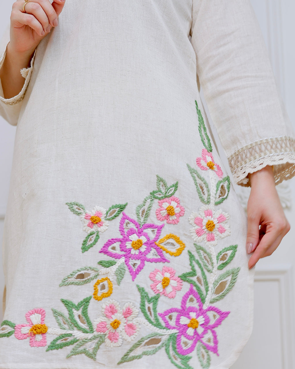 Ivory Rosé Garden Threadwork Cotton Co-ord