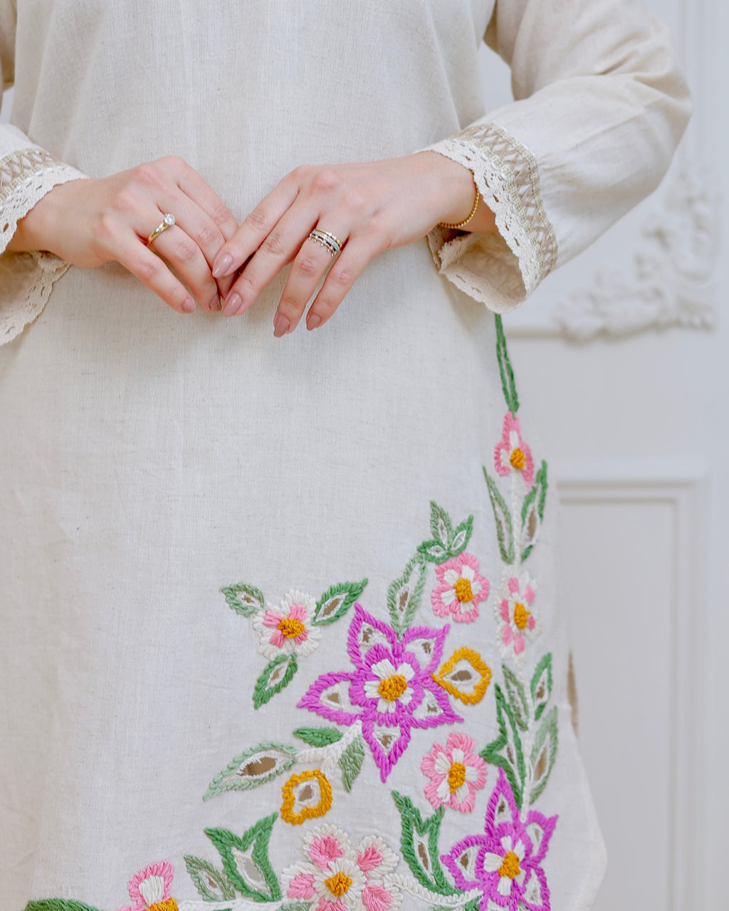Ivory Rosé Garden Threadwork Cotton Co-ord